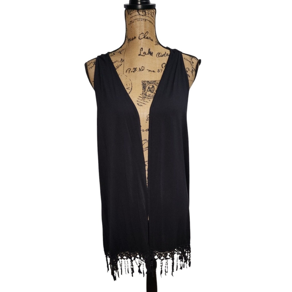 New Directions Fringe Vest Sleeveless Lace Back Cover Up Black Size L